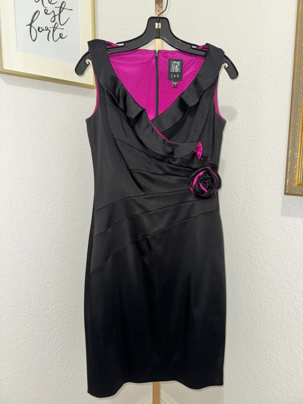 Jax Cocktail Dress – Black Satin w/ Magenta Flower Detail (Size 6) ✨
